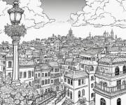 Coloriage Paysage d'une large ville sous la lune