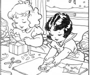 Coloriage Vintage Enfants qui préparent leurs Cadeaux
