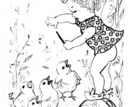 Coloriage Vintage Fille s'amuse avec les Poussins