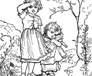 Coloriage Vintage Filles au Jardin