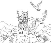 Coloriage Chat guerrier avec &eacute;p&eacute;e et bouclier