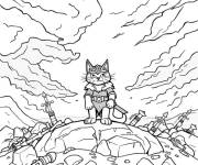 Coloriage Chat guerrier en fin de la bataille
