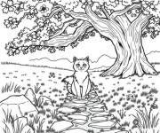 Coloriage Chat guerrier sous l'arbre