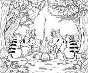 Coloriage Chats guerriers autour du feu