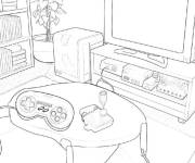 Coloriage Sc&egrave;ne des consoles de jeu install&eacute;s dans le salon de Y2K