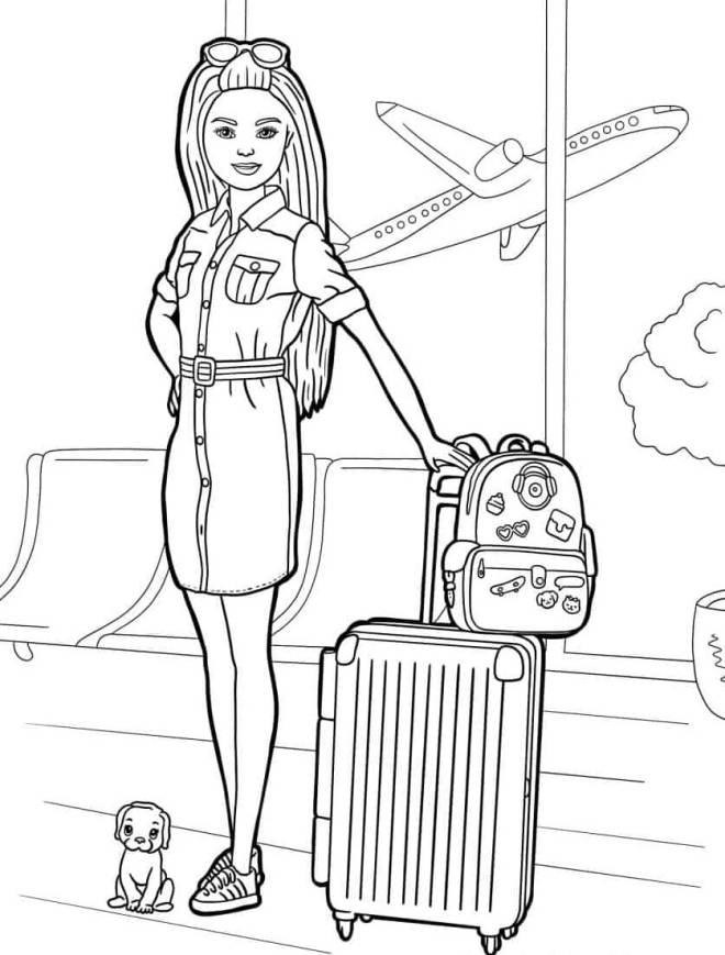 Coloriage et dessins gratuits Barbie à l'aéroport pour voyage aux vacances à imprimer