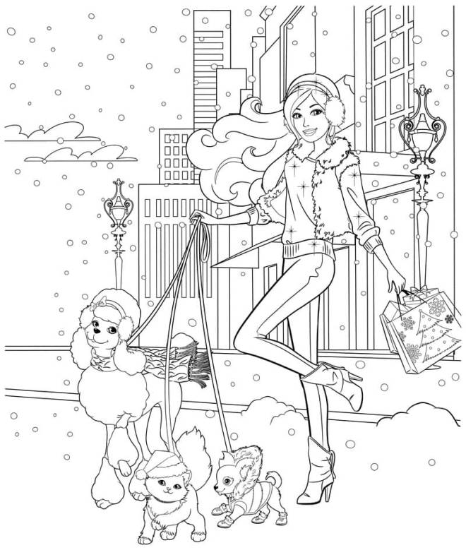 Coloriage et dessins gratuits Barbie avec ses animaux de compagnie en hiver à imprimer
