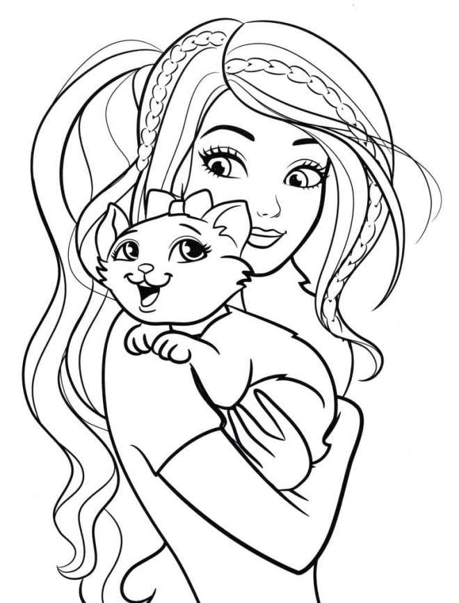 Coloriage et dessins gratuits Barbie avec son chaton à imprimer