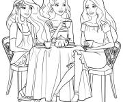 Coloriage Barbie boit du th&eacute; avec ses meilleures amies