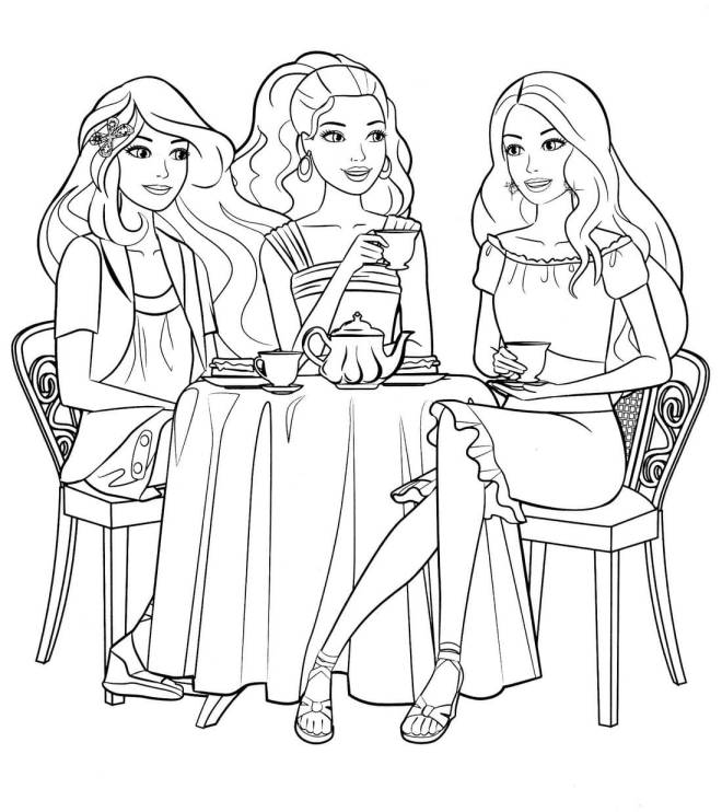 Coloriage et dessins gratuits Barbie boit du thé avec ses meilleures amies à imprimer