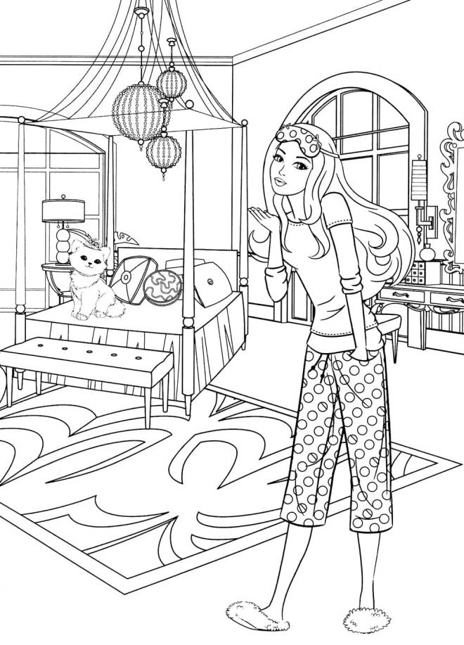 Coloriage et dessins gratuits Barbie en pyjama dans sa chambre à imprimer