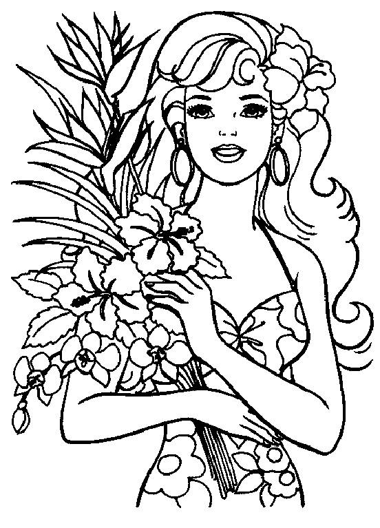 Coloriage Barbie  et son bouquet de fleurs dessin gratuit   