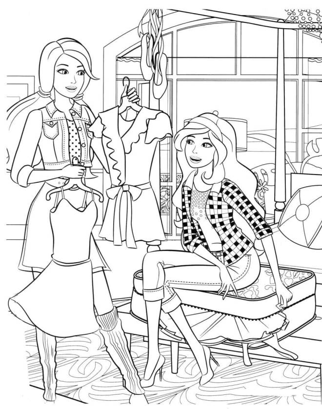 Coloriage et dessins gratuits Barbie et Teresa essaient la nouvelle collection de vêtements à imprimer