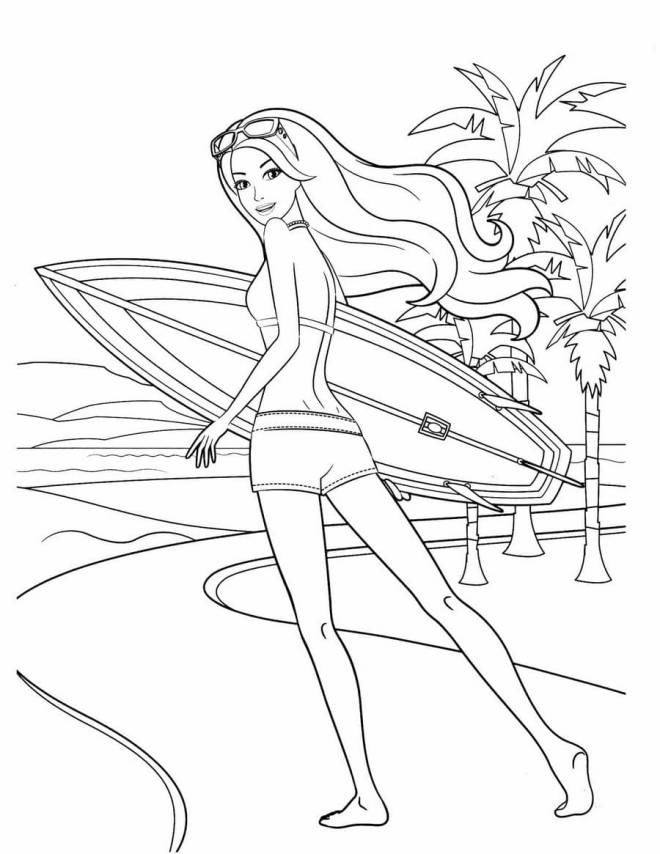 Coloriage et dessins gratuits Barbie faisant du surf sport à imprimer