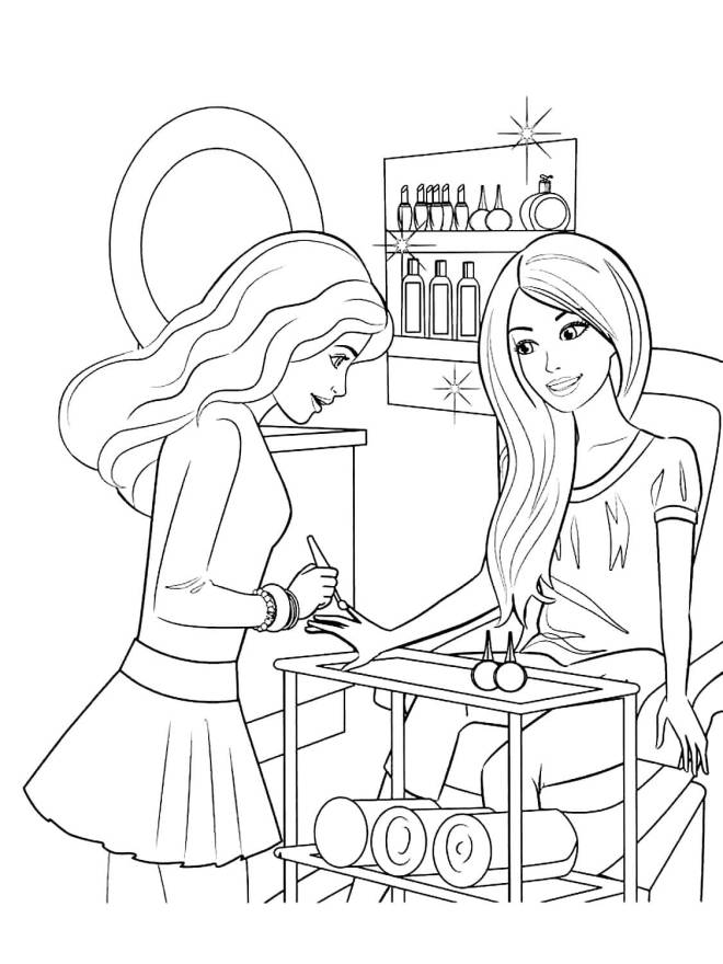 Coloriage et dessins gratuits Barbie prend soin de ses ongles dans le salon de beauté à imprimer
