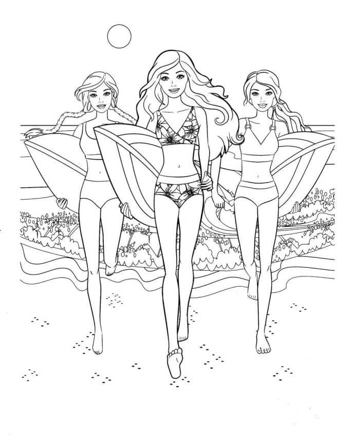 Coloriage et dessins gratuits Barbie va surfer avec ses amies à imprimer