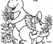 Coloriage Barney et Baby Bop  en jardin