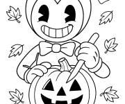 Coloriage Bendy d&eacute;corant la citrouille d'Halloween