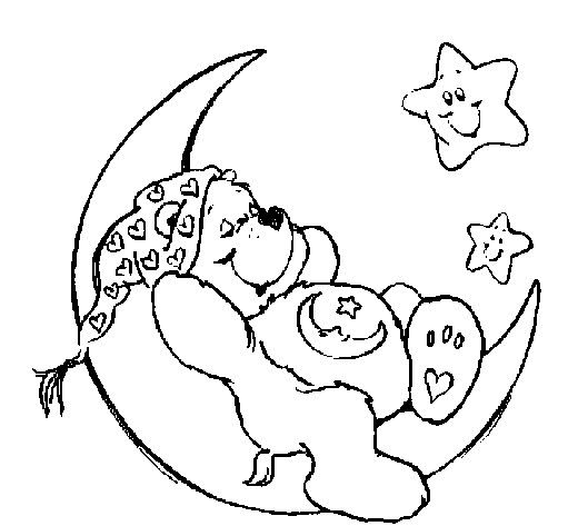 Coloriage Bisounours endormi sur le croissant de lune