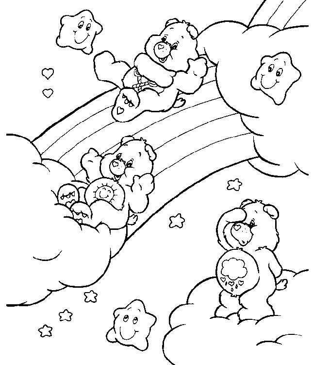 Coloriage Bisounours sur l'arc en ciel dessin gratuit à imprimer