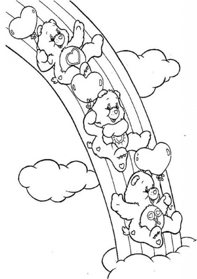 Coloriage et dessins gratuits Les Bisounours s'amusent sur l'arc en ciel à imprimer