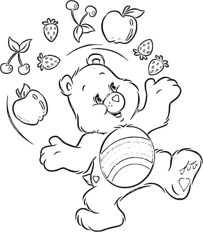 Coloriage et dessins gratuits Ours en peluche de Bisounours qui s'amuse avec les fruits à imprimer