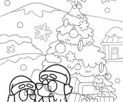 Coloriage Bluey et Bingo devant le sapin de Noël
