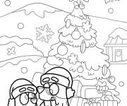 Coloriage Bluey et Bingo devant le sapin de No&euml;l
