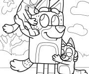 Coloriage Bluey et Bingo embrassant leur p&egrave;re Bandit