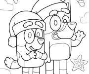 Coloriage Bluey et Bingo portent des chapeaux de Père Noël