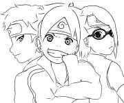 Coloriage Boruto avec ses amis Sarada et Mitsuki
