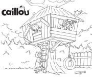 Coloriage Caillou avec ses amis dans la cabane dans les arbres