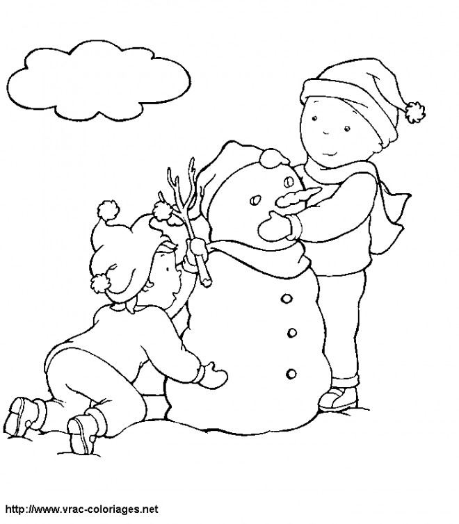 Coloriage et dessins gratuits Caillou et sa soeur construit l'homme de neig à imprimer
