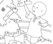 Coloriage Caillou heureux de ses cadeaux de Noel