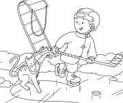 Coloriage Caillou joue le hockey avec le chat Gilbert 
