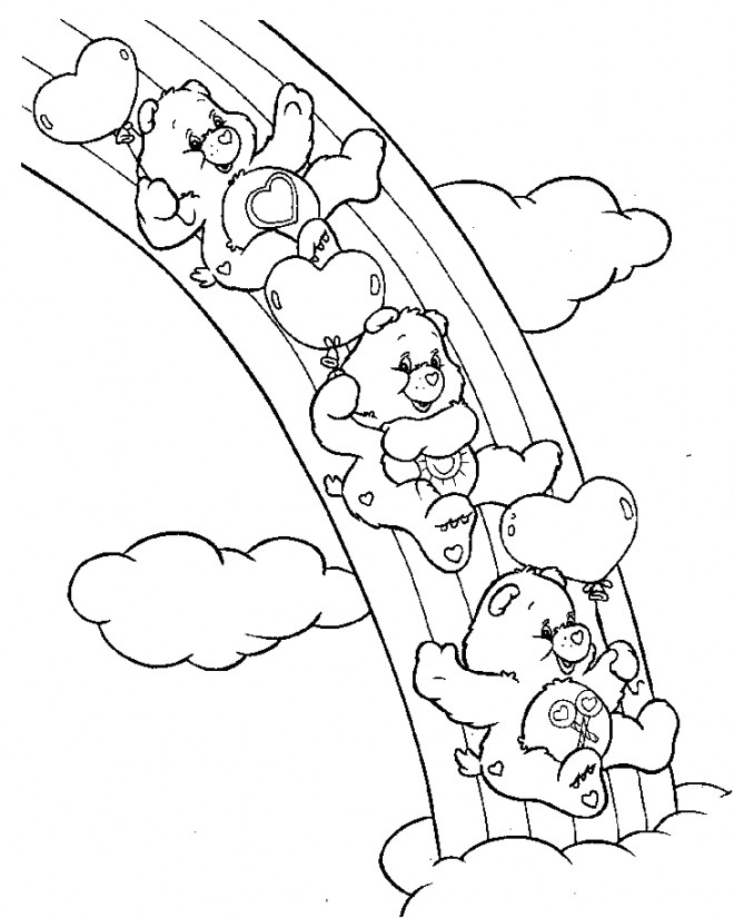 Coloriage Bisounours glissent sur l'arc en ciel dessin gratuit à imprimer