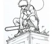Coloriage Homme &agrave; la tron&ccedil;onneuse accroupi sur un toit