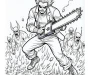 Coloriage L'homme &agrave; la tron&ccedil;onneuse d&eacute;chirant une horde de d&eacute;mons