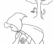 Coloriage Chaperon Rouge cueille des fleurs