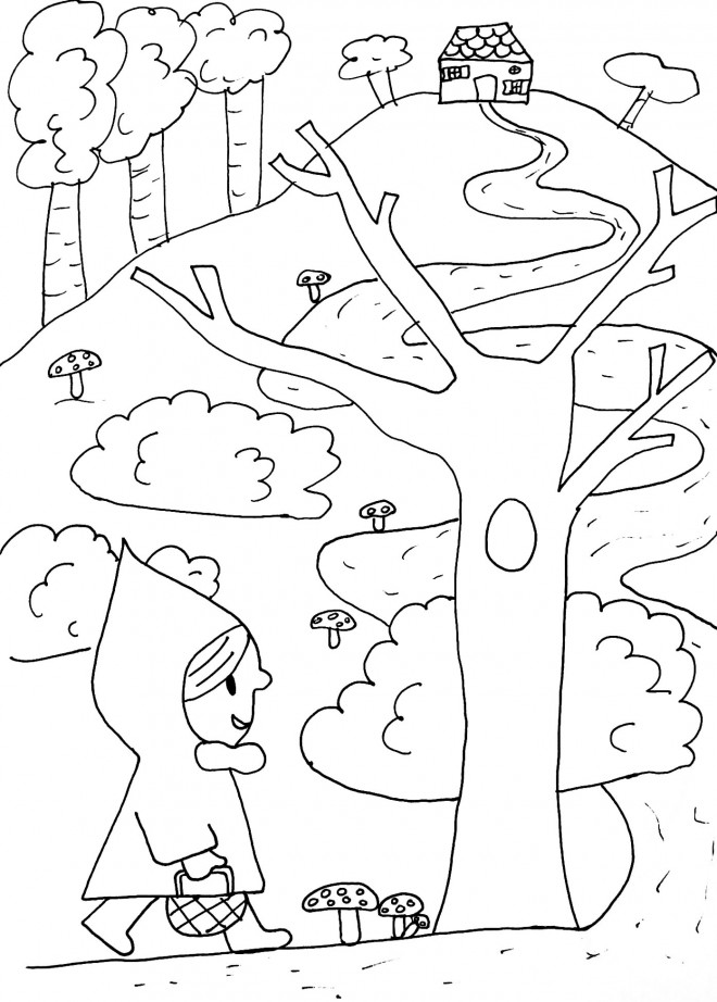 Coloriage et dessins gratuits Chaperon Rouge dans la forêt à imprimer