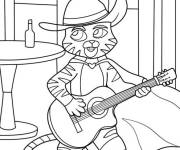 Coloriage Chat Bott&eacute; en chantant avec son guitare