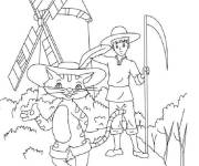 Coloriage Chat bott&eacute; et le paysan devant le moulin