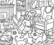 Coloriage Chat Pott&eacute; dans une maison pleine des chats