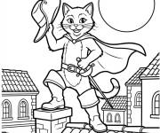 Coloriage Chat pott&eacute; sur les toits au clair de lune