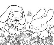 Coloriage Cinnamoroll arrosant les fleurs