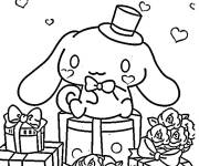 Coloriage Cinnamoroll avec des cadeaux et des bouquets de fleurs