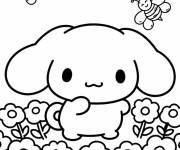 Coloriage Cinnamoroll et des abeilles dans le champ des fleurs