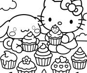 Coloriage Cinnamoroll et Hello Kitty avec de nombreux cupcakes