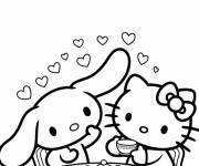 Coloriage Cinnamoroll et Hello Kitty buvant du th&eacute;
