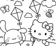 Coloriage Cinnamoroll et Kitty font voler des cerfs-volants